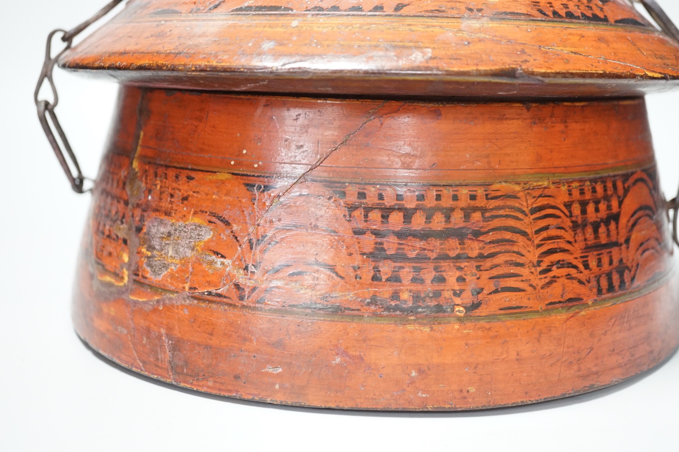 A Chinese wooden painted spice container and cover. 28cm tall